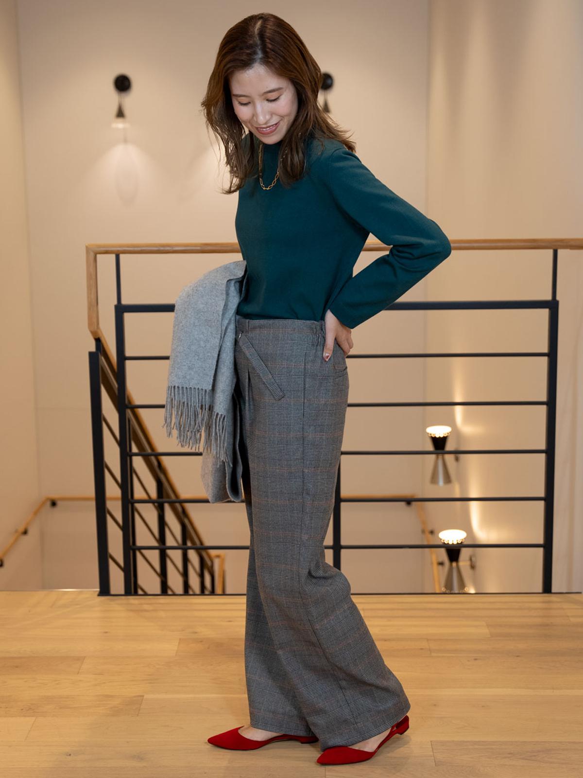 ワイドチェック柄ベルトパンツ