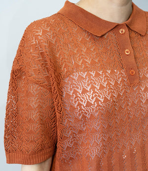 透かし編みポロニットトップス