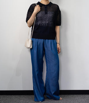 透かし編みポロニットトップス