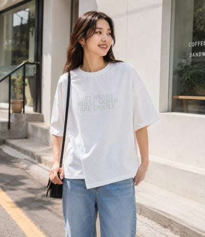 USAコットンアシンメトリーレタリングTシャツ