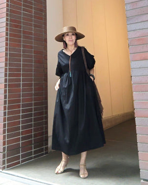 袖シャーリングVネックロングワンピース
