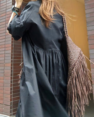 袖シャーリングVネックロングワンピース