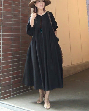 袖シャーリングVネックロングワンピース