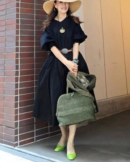 袖シャーリングVネックロングワンピース