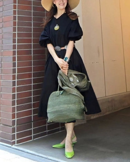 袖シャーリングVネックロングワンピース