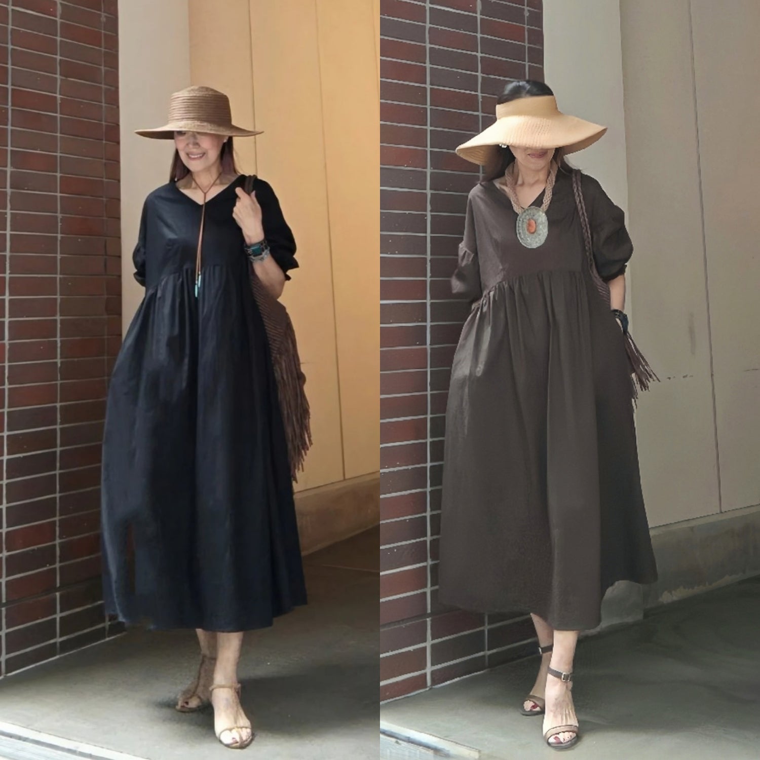 袖シャーリングVネックロングワンピース – &DROBE (アンドローブ)