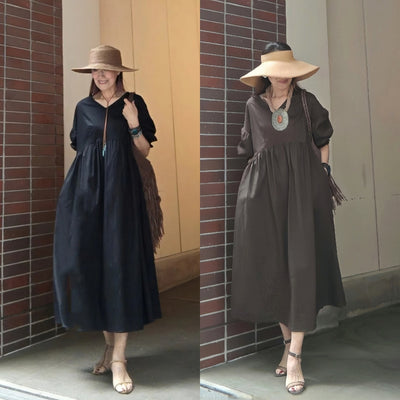 袖シャーリングVネックロングワンピース