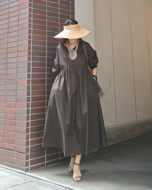 袖シャーリングVネックロングワンピース