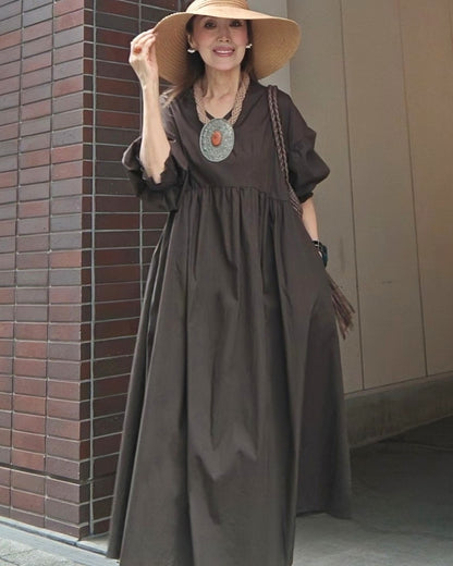 袖シャーリングVネックロングワンピース