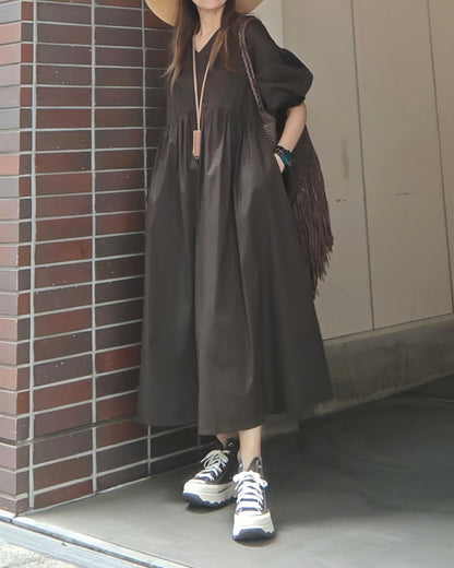 袖シャーリングVネックロングワンピース