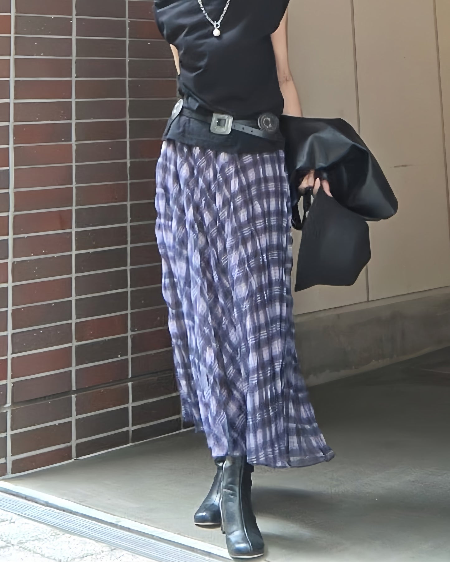 ミモレ丈パープルチェックシフォンスカート