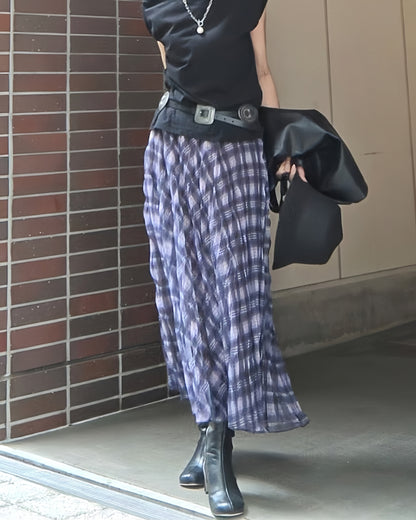 ミモレ丈パープルチェックシフォンスカート