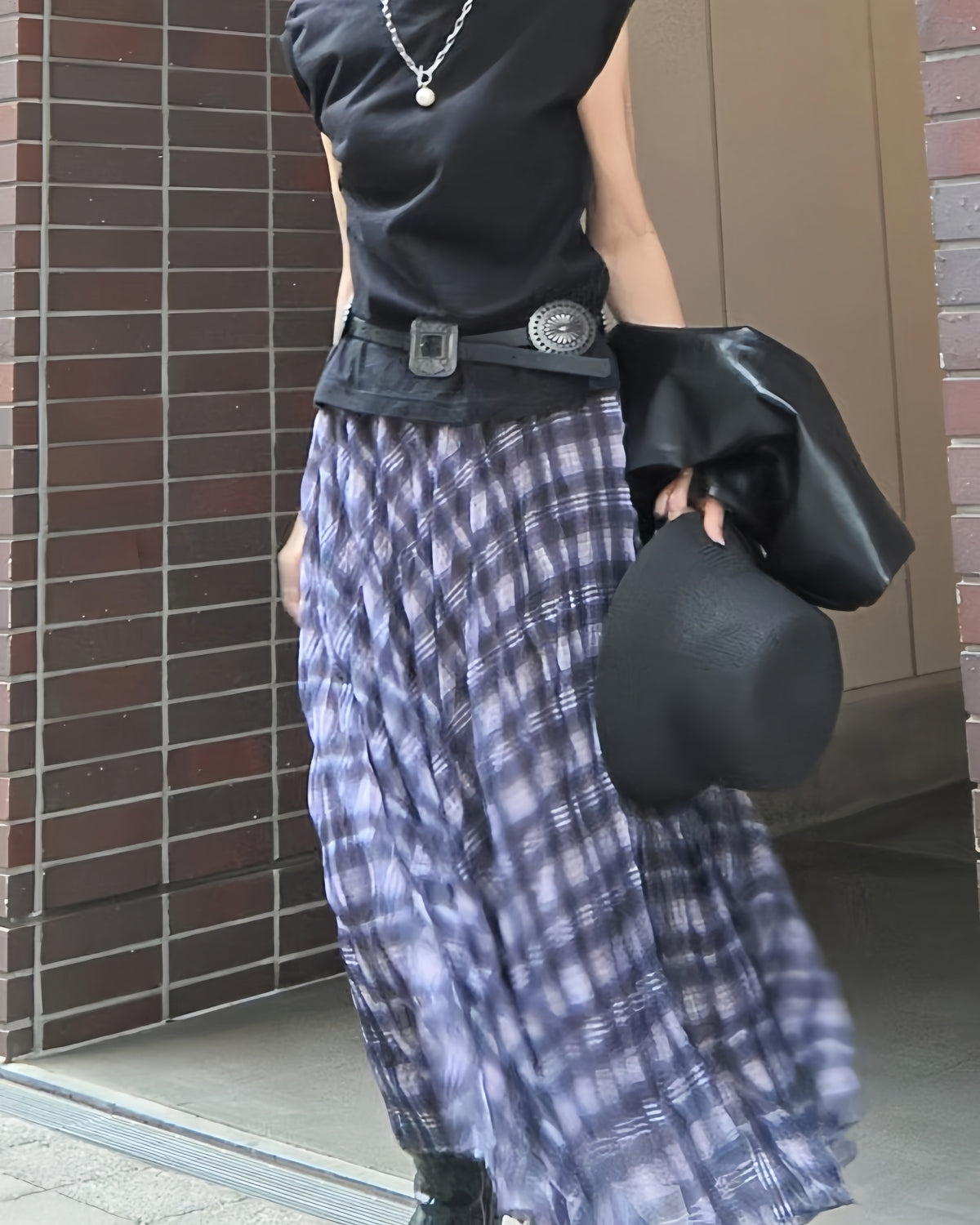 ミモレ丈パープルチェックシフォンスカート