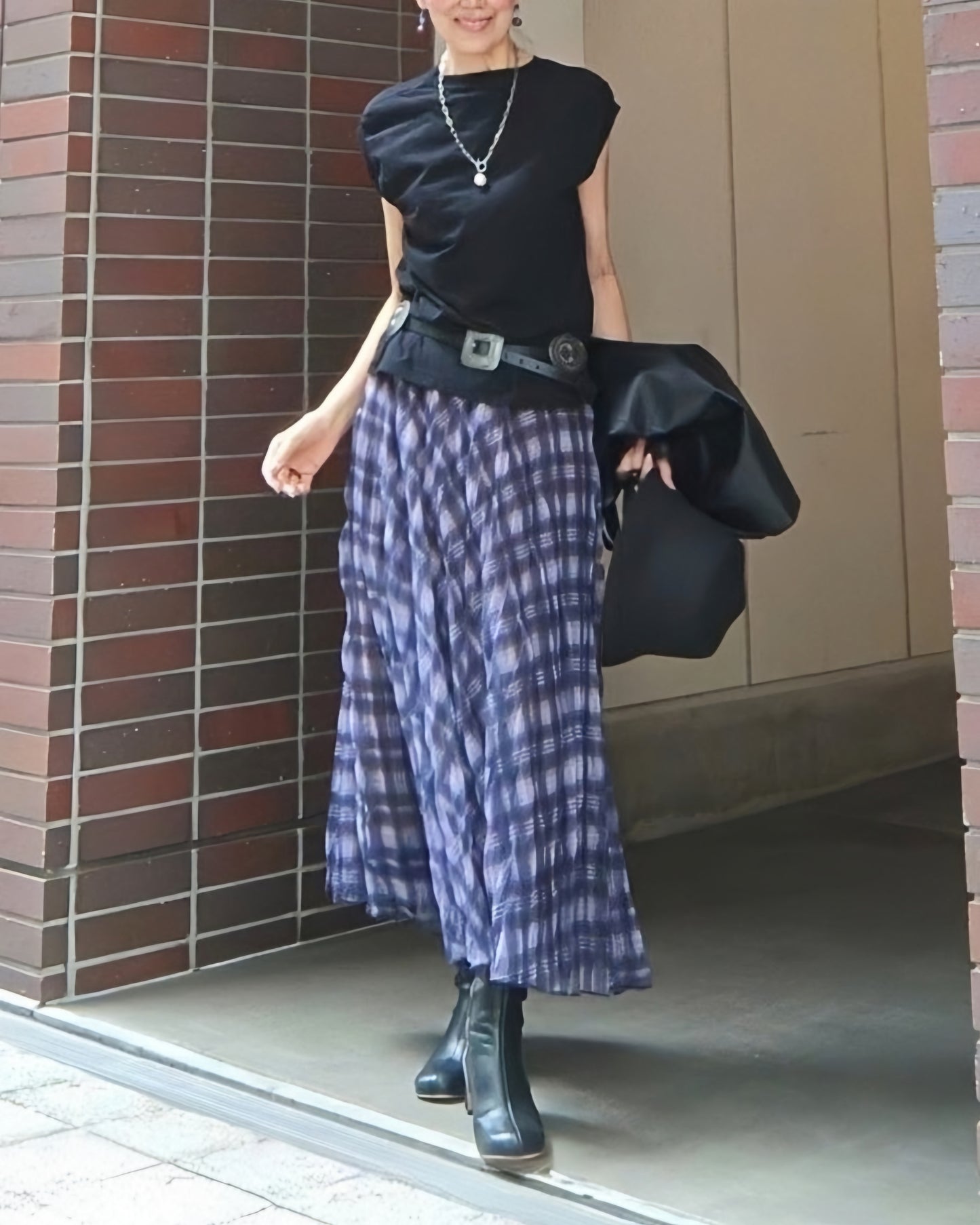 ミモレ丈パープルチェックシフォンスカート