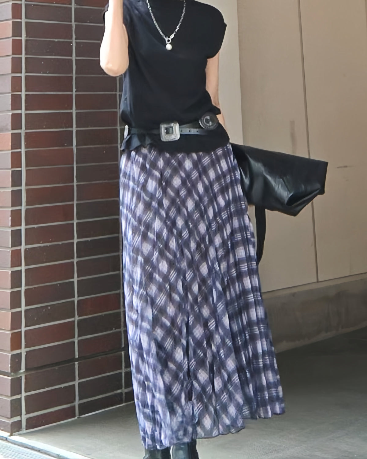 ミモレ丈パープルチェックシフォンスカート