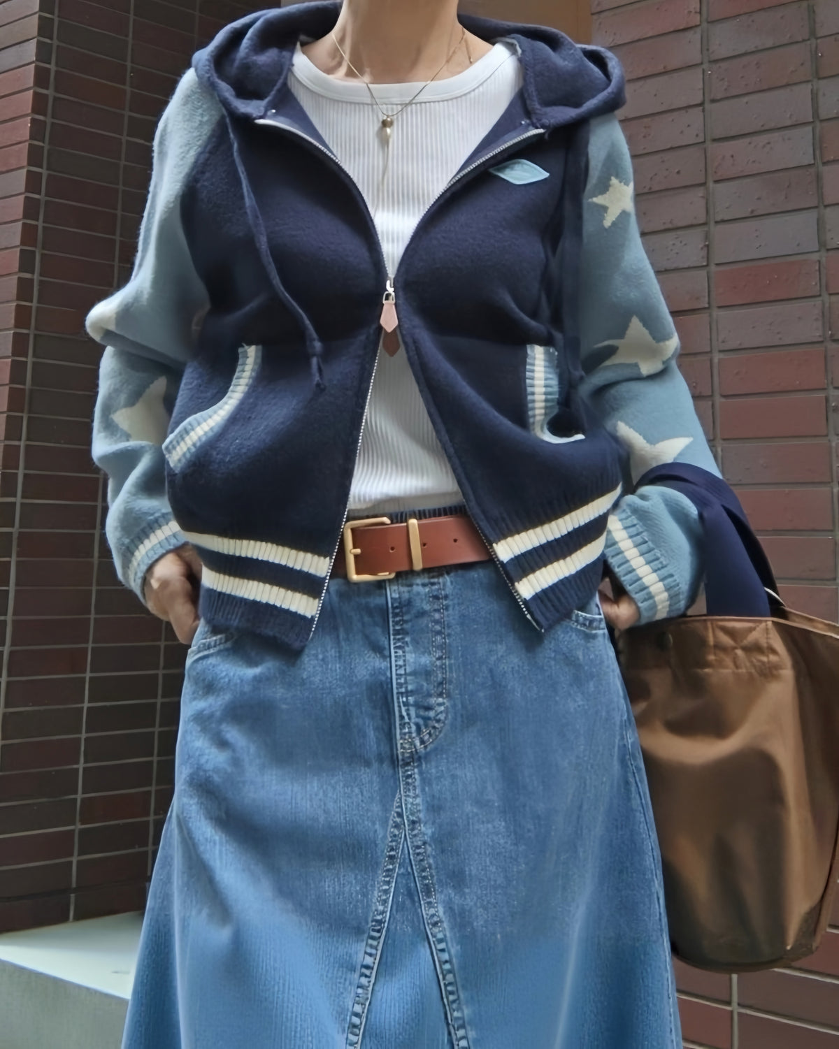 スタジャン風フードニットブルゾン