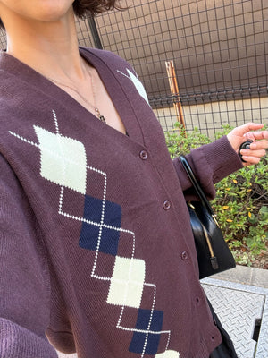 ブラウンアーガイル柄 Vネックカーディガン