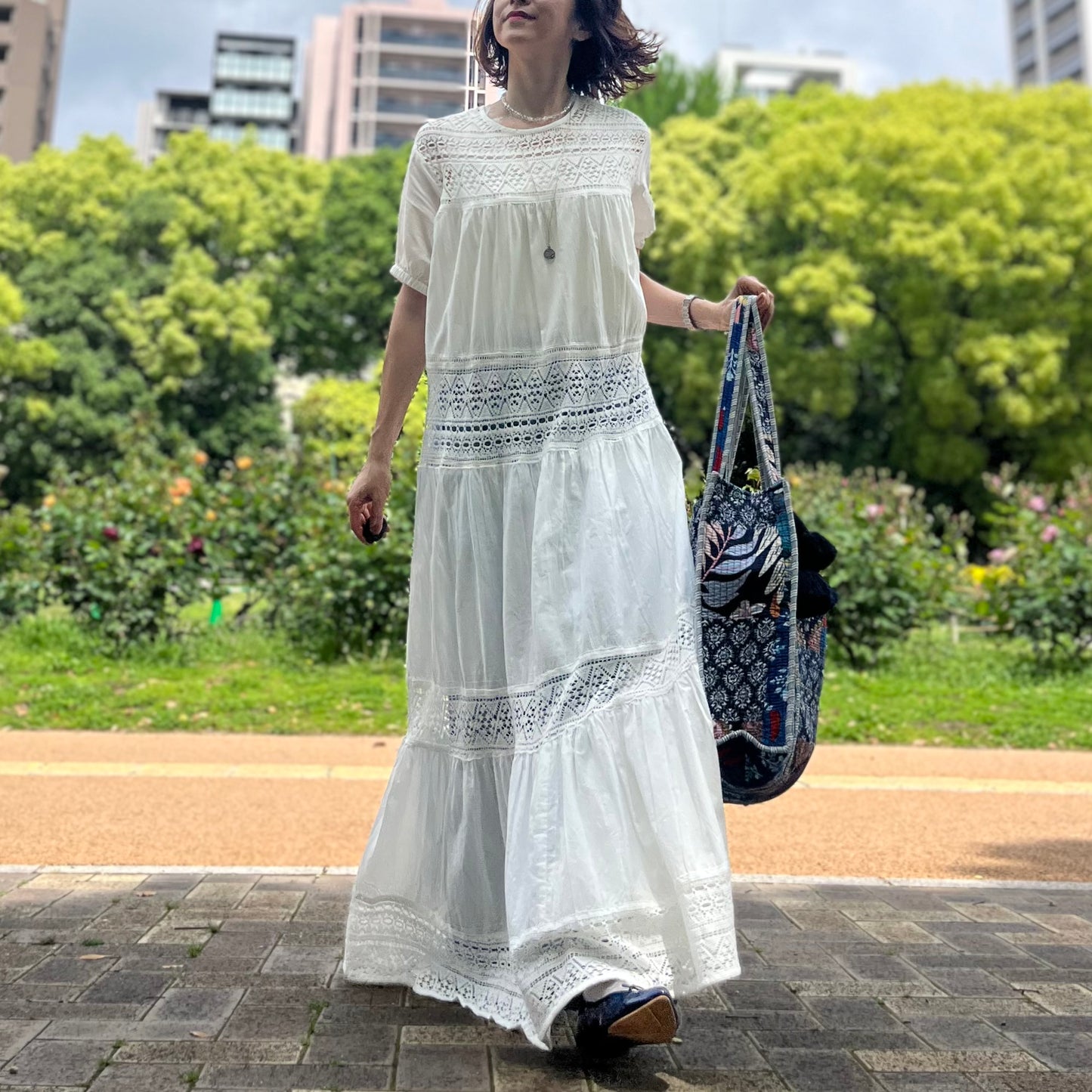 インド綿レースティアードワンピース（黒.白）