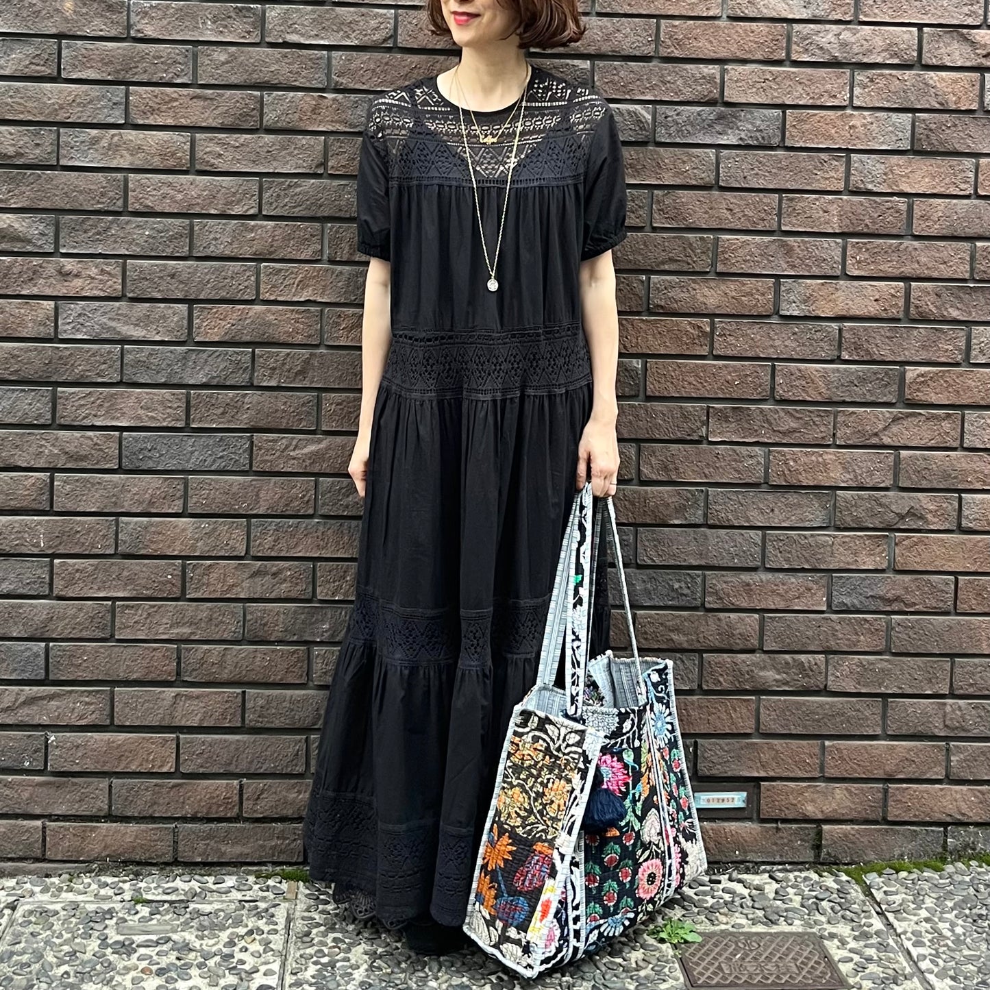 インド綿レースティアードワンピース（黒.白）