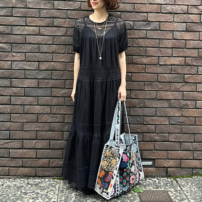 インド綿レースティアードワンピース（黒.白）