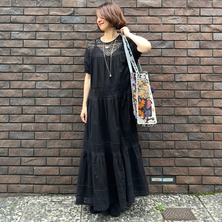 インド綿レースティアードワンピース(黒.白) – &DROBE (アンドローブ)