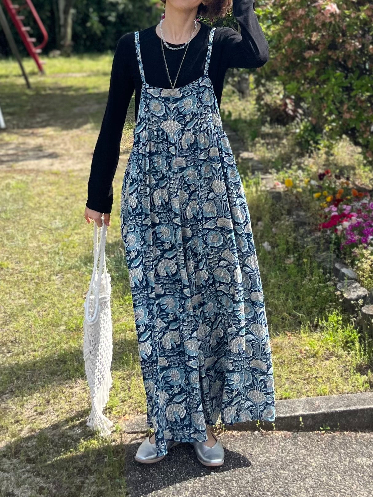 BLOCKPRINT ネイビーボタニカルサロペット