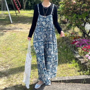 BLOCKPRINT ネイビーボタニカルサロペット