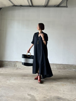 綿麻ロングワンピース（黒.オフホワイト）