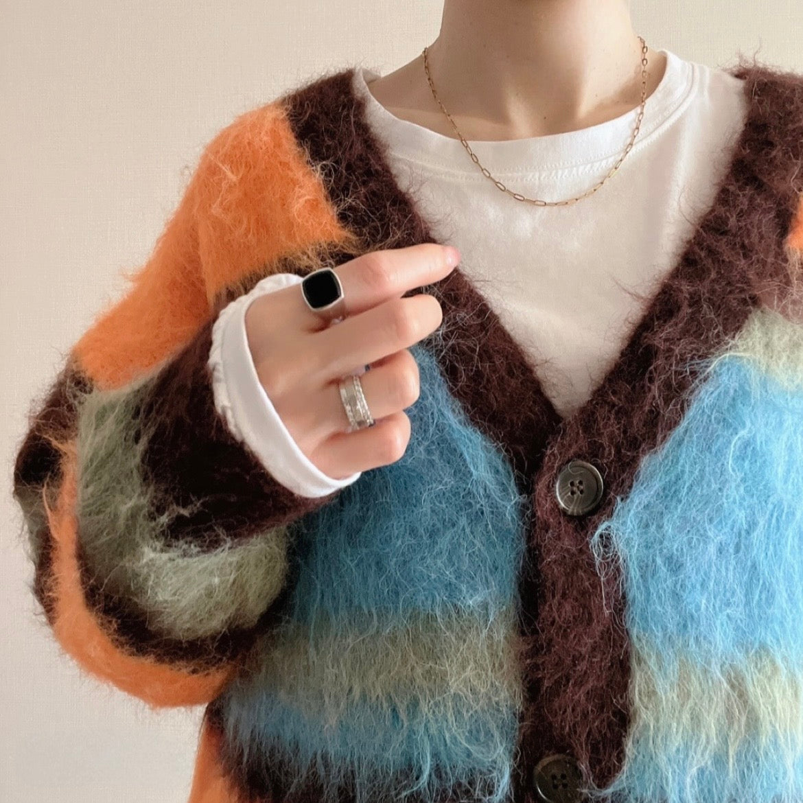 配色ボーダーシャギーカーディガン