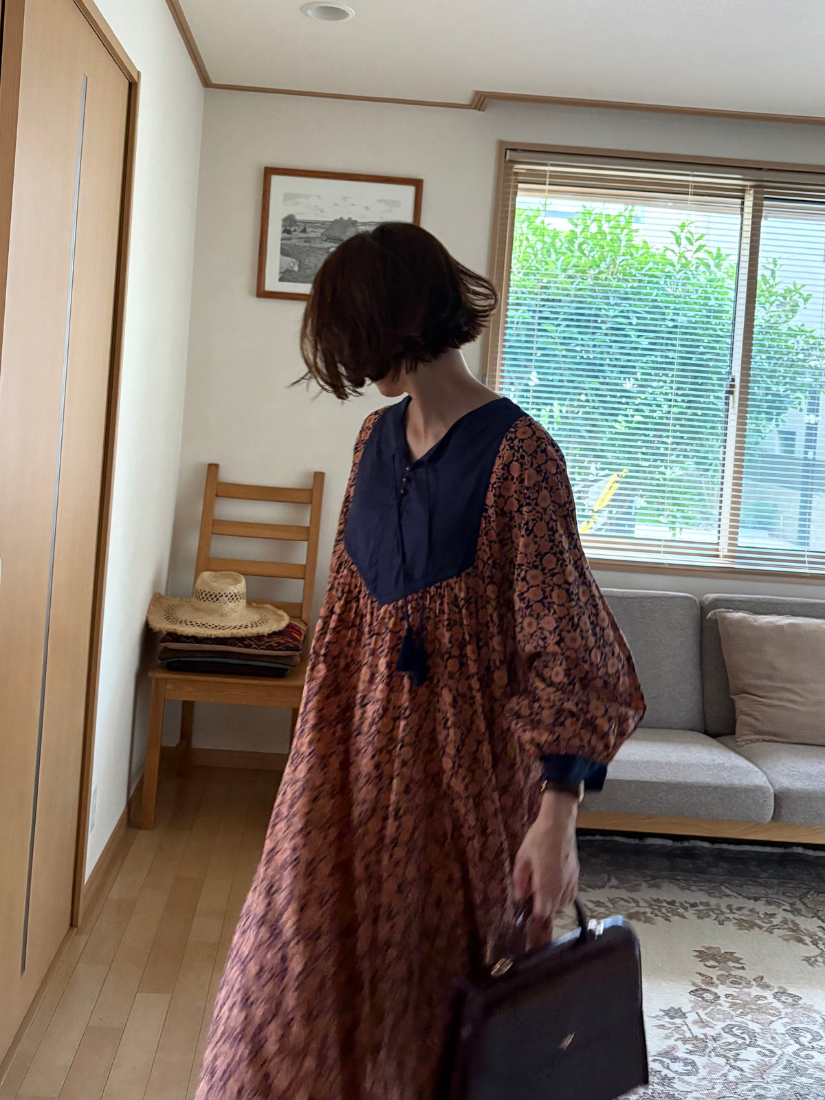 秋のインド製ブロックプリントワンピース(2色)