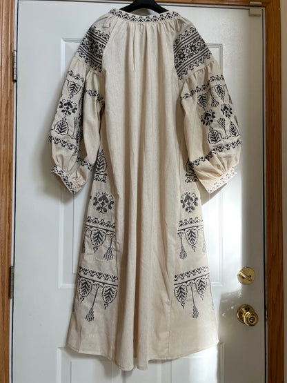 エスニック刺繍リネン混ワンピース