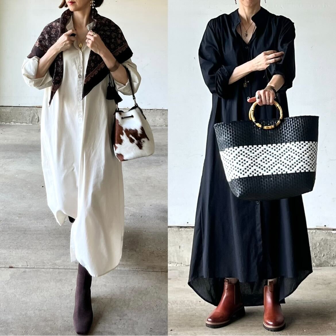 綿麻ロングワンピース(黒.オフホワイト) – &DROBE (アンドローブ)