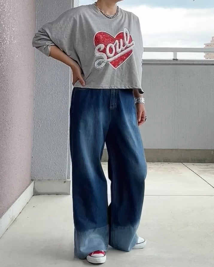 バイカラーワイドデニムパンツ