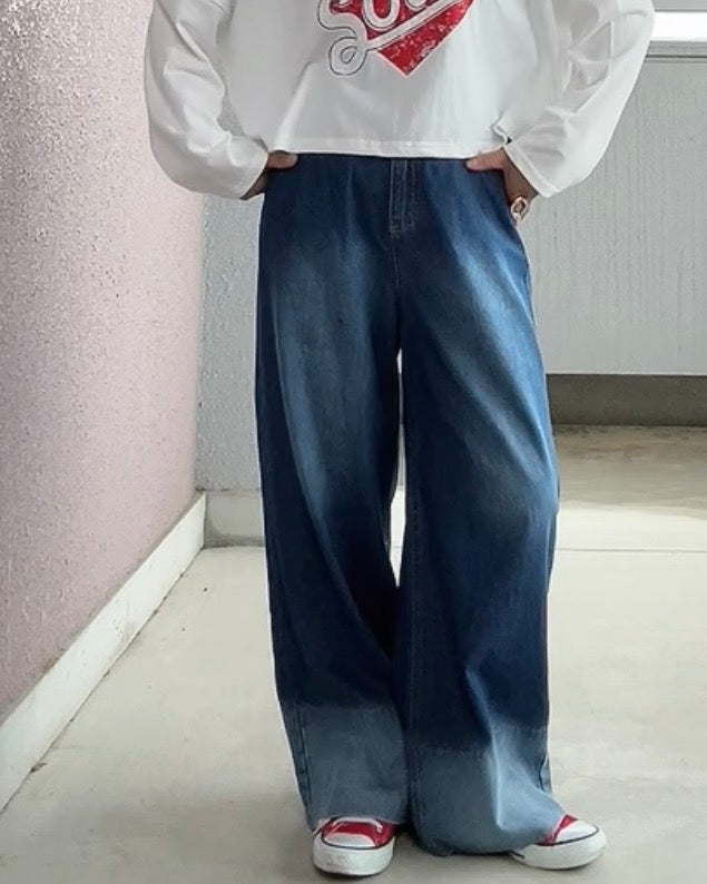バイカラーワイドデニムパンツ