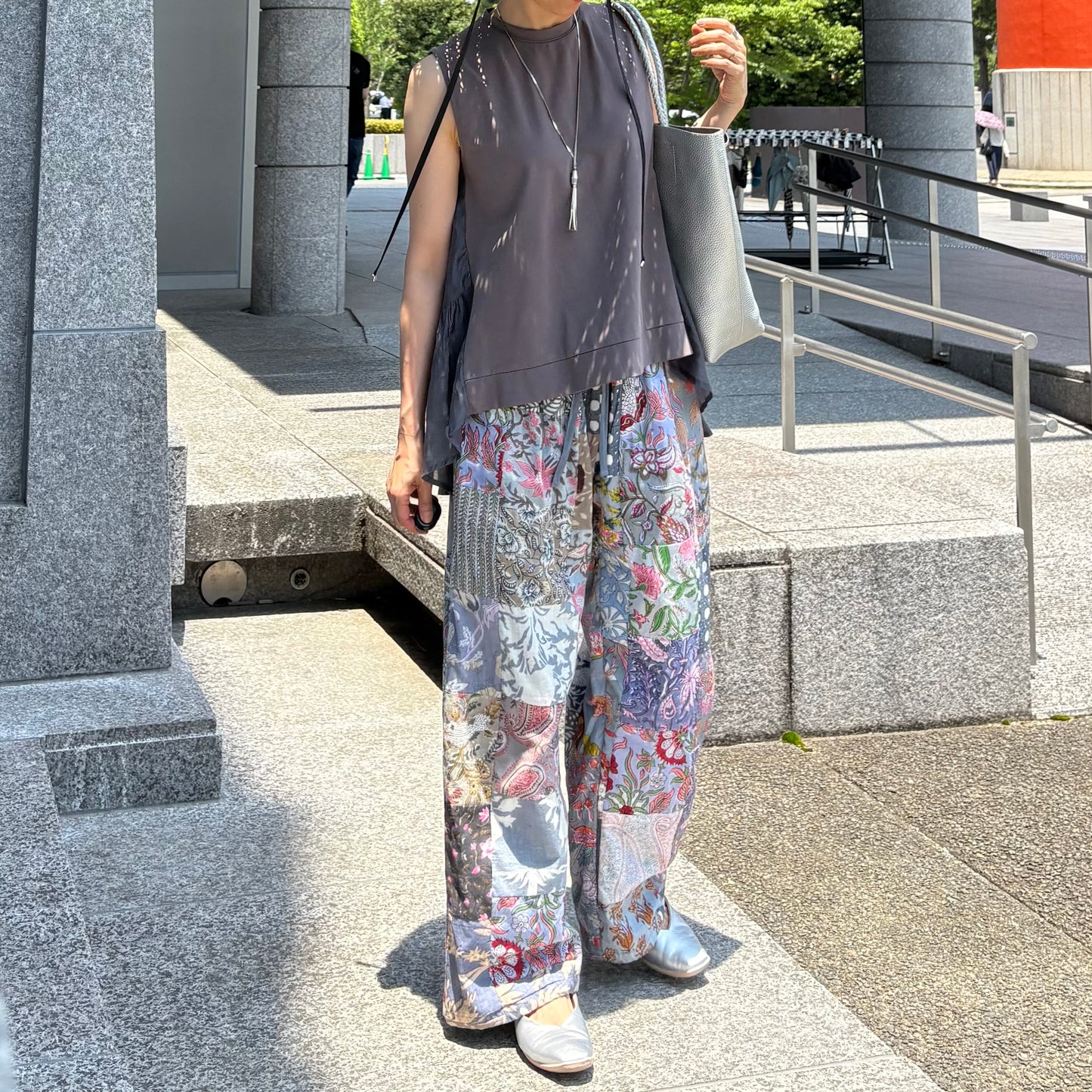 グレーblockprintパッチワークパンツ