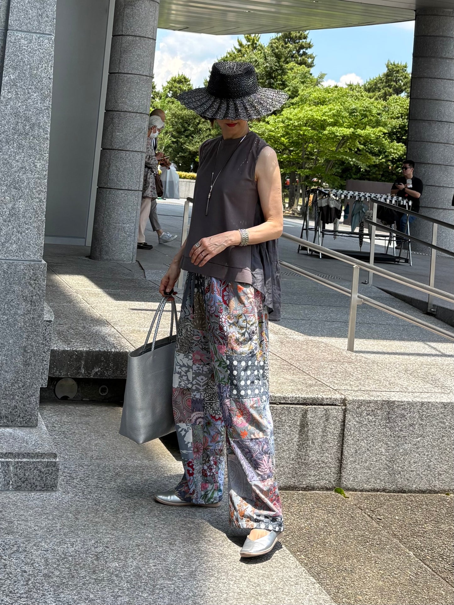 グレーblockprintパッチワークパンツ