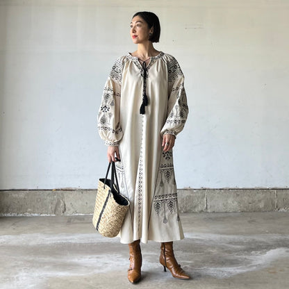エスニック刺繍リネン混ワンピース