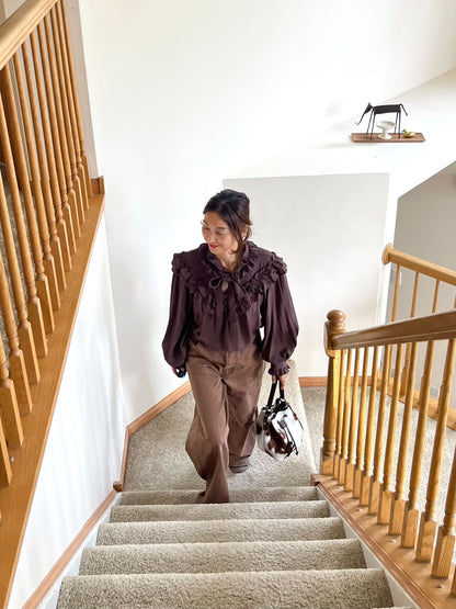 フリルネックボリュームスリーブブラウス