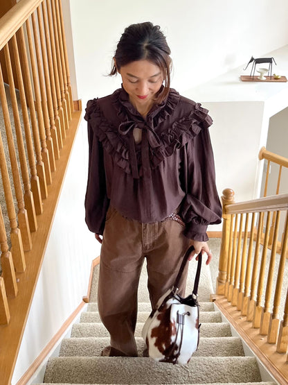 フリルネックボリュームスリーブブラウス