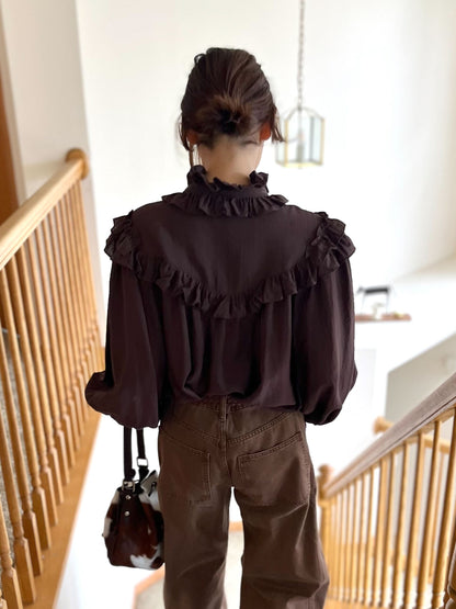 フリルネックボリュームスリーブブラウス