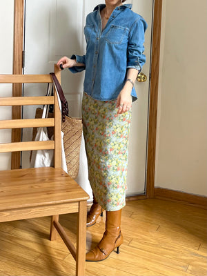 リネンコットン レトロフラワー ナロースカート