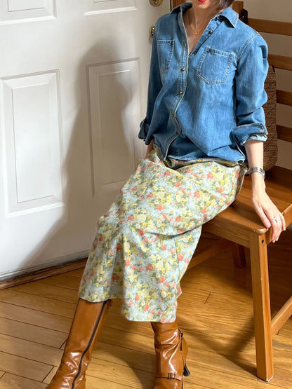 リネンコットン レトロフラワー ナロースカート