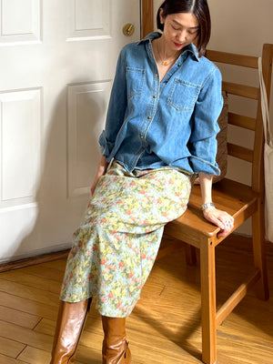 リネンコットン レトロフラワー ナロースカート