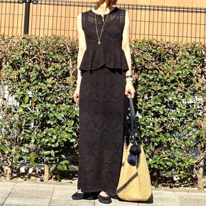 透かし編みレースニット ペプラムセットアップ