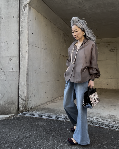 ブーツカット ベルト付きワイドデニムパンツ