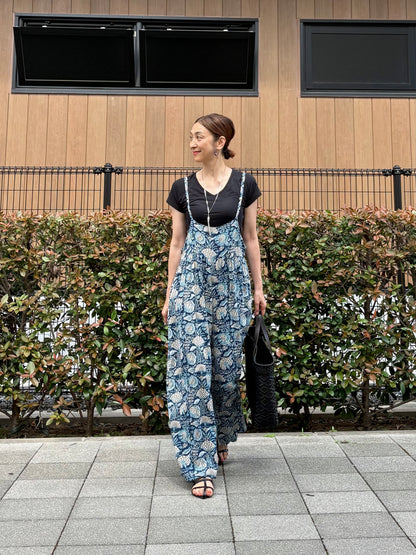 BLOCKPRINT ネイビーボタニカルサロペット