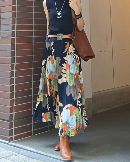 プリントプリーツロングスカート
