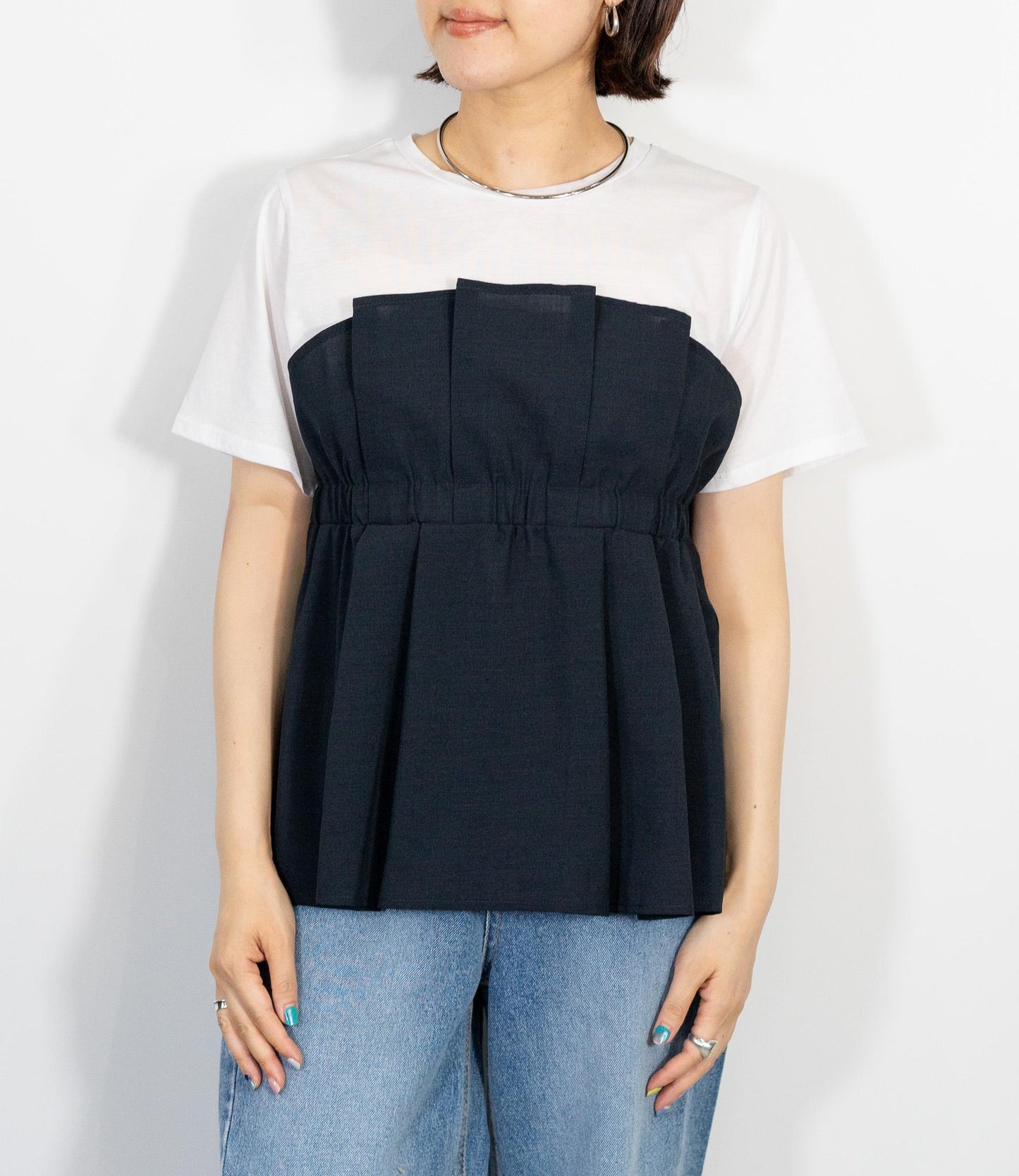 異素材ドッキングペプラムTシャツ