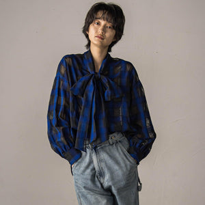 シアーオンブレチェックボウタイブラウス≪手洗い可能≫