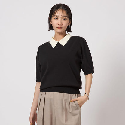 襟付き 5分袖 プルオーバー ニット